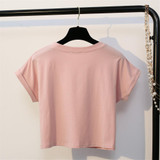 Merry Pretty New Summer Fashion Women Solid Pink Punk Style O-neck Short Sleeve T-shirt Letter &amp; Eyelash Printed Crop Top Tees
