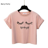 Merry Pretty New Summer Fashion Women Solid Pink Punk Style O-neck Short Sleeve T-shirt Letter &amp; Eyelash Printed Crop Top Tees