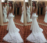 Mermaid V-neck Open Back Lace Long Train Sexy Vintage Formal Wedding Dresses 2018 Fashion Wedding Gowns Custom Made YB04