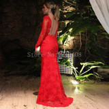 Mermaid V neck Appliques robe de soiree Red Long Evening Party Dress 2016 vestido de festa Backless Long Sleeve Prom Dresses