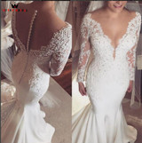 Mermaid Long Sleeve V-neck Chiffon Lace Beading Sexy Bride Wedding Dresses 2018 New Fashion Wedding Gowns Custom Made YB42