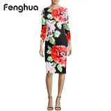 Fenghua Fashion Elegant Summer Dress Women 2018 Spring Long Sleeve Foral Dress Vintage Sexy Work Office Party Bodycon Dresses