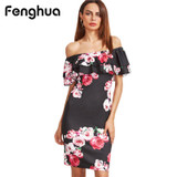 Fenghua Summer Dress Women 2017 Party Elegant Sexy Slim Casual Dresses Slim Floral Off Shoulder Dress Bodycon Vestidos DS032