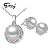 FENASY Nice Freshwater Pearl Jewelry Sets 925 Sterling Silver pendant Necklace,Pearl Earrings and ring for Wedding Jewelry Sets