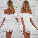 2017 New Style Summer Women White Lace Sleeveless Waist Elastic Dress Sexy Slash Neck Casual Slim Beach Summer Dress Vestidos