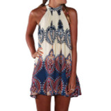 2017 New Style Summer Dress Women Boho Dress Printed Halter Neck Sleeveless Beach Party Mini Dresses Plus Size Vestidos Beige