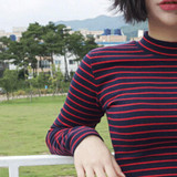 2017 New Stripe T-shirt Women Thin Short Slim Semi Turtleneck Long Sleeve T Shirts Kpop Harajuku Sexy Female Tops Clothes Autumn