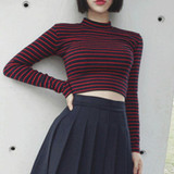 2017 New Stripe T-shirt Women Thin Short Slim Semi Turtleneck Long Sleeve T Shirts Kpop Harajuku Sexy Female Tops Clothes Autumn