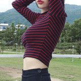 2017 New Stripe T-shirt Women Thin Short Slim Semi Turtleneck Long Sleeve T Shirts Kpop Harajuku Sexy Female Tops Clothes Autumn
