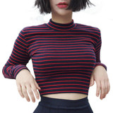 2017 New Stripe T-shirt Women Thin Short Slim Semi Turtleneck Long Sleeve T Shirts Kpop Harajuku Sexy Female Tops Clothes Autumn
