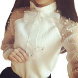 2017 New spring elegant organza bow of Pearl White blouse casual chiffon shirt women blouses tops blusas femininas