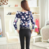 2017 Summer Casual Chiffon Shirts Sexy Deep round-Neck Women Blouses Blue White Long Sleeve Solid Tops Plus Size Loose Blusas