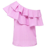 2017 Summer Blouses Women Tops One Shoulder Off Blouses Shirt Ruffle Striped Shirt Slash Neck Blouse cold shoulder tops Blusas