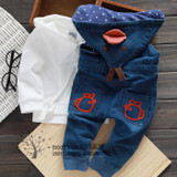 Free shipping Spring Autumn male female child denim bib pants baby hooded casual bib pants