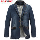 LONMMY M-4XL Cowboy blazer jeans jacket men jaqueta Cotton PU leather stitching Casual Denim jacket men blazer Suits for men New