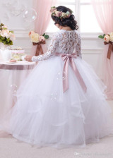 Long Sleeve First Communion Dress for Girls 2017 Lace Ball Gown Flower Girl Dresses White Cheap Pageant Gowns
