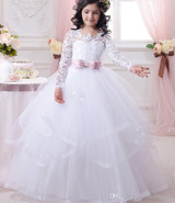 Long Sleeve First Communion Dress for Girls 2017 Lace Ball Gown Flower Girl Dresses White Cheap Pageant Gowns