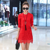 Long Sleeve Dress Women 2017 Spring Autumn Sexy O-Neck Lace Split Mini-Dress Plus Size Solid Straight Female Vestido De Festa