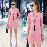 Long Sleeve Dress Women 2017 Spring Autumn Sexy O-Neck Lace Split Mini-Dress Plus Size Solid Straight Female Vestido De Festa