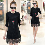 Long Sleeve Dress Women 2017 Spring Autumn Sexy O-Neck Lace Split Mini-Dress Plus Size Solid Straight Female Vestido De Festa