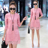 Long Sleeve Dress Women 2017 Spring Autumn Sexy O-Neck Lace Split Mini-Dress Plus Size Solid Straight Female Vestido De Festa