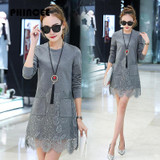 Long Sleeve Dress Women 2017 Spring Autumn Sexy O-Neck Lace Split Mini-Dress Plus Size Solid Straight Female Vestido De Festa