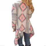 Long Sleeve Casual Women Long Cardigan Casual Blouse Irregular Coats Pink Cardigan Geometric Printed Cotton Knitted Poncho
