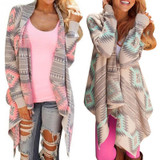 Long Sleeve Casual Women Long Cardigan Casual Blouse Irregular Coats Pink Cardigan Geometric Printed Cotton Knitted Poncho