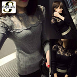 Long Sleeve Blouses Shirts Female Knitted Lace Blouse Women Blouses 2016 Autumn Winter New Fashion Sexy Perspective Tops Blusas