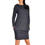 Casual Loose Pocket Long Sleeve Autumn Winter Dress 2017 Women O-Neck Plus Size Sheath Dress Work Office Dresses Vestidos