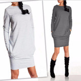Casual Loose Pocket Long Sleeve Autumn Winter Dress 2017 Women O-Neck Plus Size Sheath Dress Work Office Dresses Vestidos