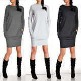 Casual Loose Pocket Long Sleeve Autumn Winter Dress 2017 Women O-Neck Plus Size Sheath Dress Work Office Dresses Vestidos