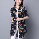 Casual Long Sleeve Shirt Women Autumn New Fashion Floral Print Cotton Linen Blouses Plus Size Women Top With Pockets T64805