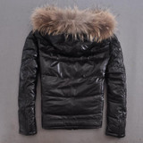 casual hooded winter leather jacket men real fur hat short down jacket men black leather coat down coat for men 2016 new arrival