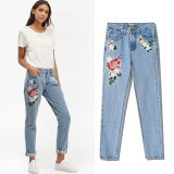 Casual 3D Floral Embroidery Jeans Straight Denim Pants Women Fashion Pocket Light Blue  Waist Trousers
