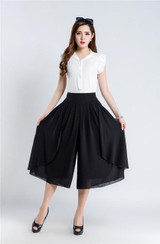 2017 Voile Wide Leg Trousers Women Chiffion Pants Summer Elastic High Waist Wide Leg Skirt Pants Calf-Length Pants 4 Colors