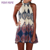 2017 Vintage Women Boho Dress Printed Halter Neck Sleeveless Hippie Mini Summer Dress Plus Size Vestidos Sexy Women Beach Dress