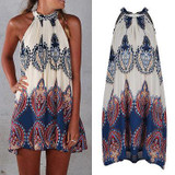 2017 Vintage Summer Dress Women Boho Short Dress Printed Halter Neck Sleeveless Beach Party Mini Dresses Beige Vestidos De Festa