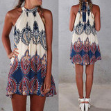 2017 Vintage Summer Dress Women Boho Short Dress Printed Halter Neck Sleeveless Beach Party Mini Dresses Beige Vestidos De Festa