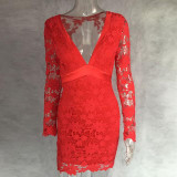 2017 vintage long sleeve v-neck bandage dress black pink red simple lace hollow sexy halter party dresses plus size women dress