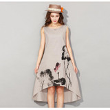 2017 Summer Vintage Sleeveless Loose Dresses Women Casual Cotton Linen Dress Lotus Printing O-neck Plus Size 6xl Summer Dress
