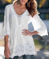 2017 Summer White Lace Blouse Women Elegant Half Sleeve Hollow Out Long Beach Tunic Blouses Shirts Casual Ruffles Hem Office Top