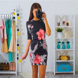 2017 Summer Vintage Women Floral Print Slim Black Dresses Ladies Ukraine Sexy Round Neck Sheath Party Dress
