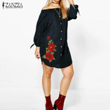 2017 Summer Vintage Mini Dress ZANZEA Women Floral Embroidery Sexy Slash Neck Off Shoulder Dress Shirt Casual Irregular Vestidos