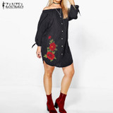 2017 Summer Vintage Mini Dress ZANZEA Women Floral Embroidery Sexy Slash Neck Off Shoulder Dress Shirt Casual Irregular Vestidos