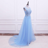 LANSITINA Sexy O-Neck A-Line Sweep Train Tulle Lace Evening Dress Bare Back Cheap Prom Dresses Robe De Soiree Party Dress