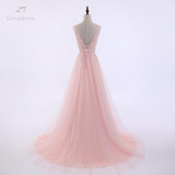 LANSITINA Sexy O-Neck A-Line Sweep Train Tulle Lace Evening Dress Bare Back Cheap Prom Dresses Robe De Soiree Party Dress