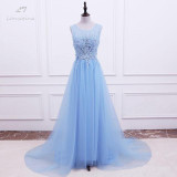 LANSITINA Sexy O-Neck A-Line Sweep Train Tulle Lace Evening Dress Bare Back Cheap Prom Dresses Robe De Soiree Party Dress