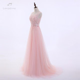 LANSITINA Sexy O-Neck A-Line Sweep Train Tulle Lace Evening Dress Bare Back Cheap Prom Dresses Robe De Soiree Party Dress