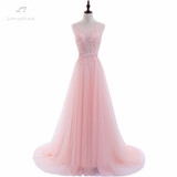 LANSITINA Sexy O-Neck A-Line Sweep Train Tulle Lace Evening Dress Bare Back Cheap Prom Dresses Robe De Soiree Party Dress
